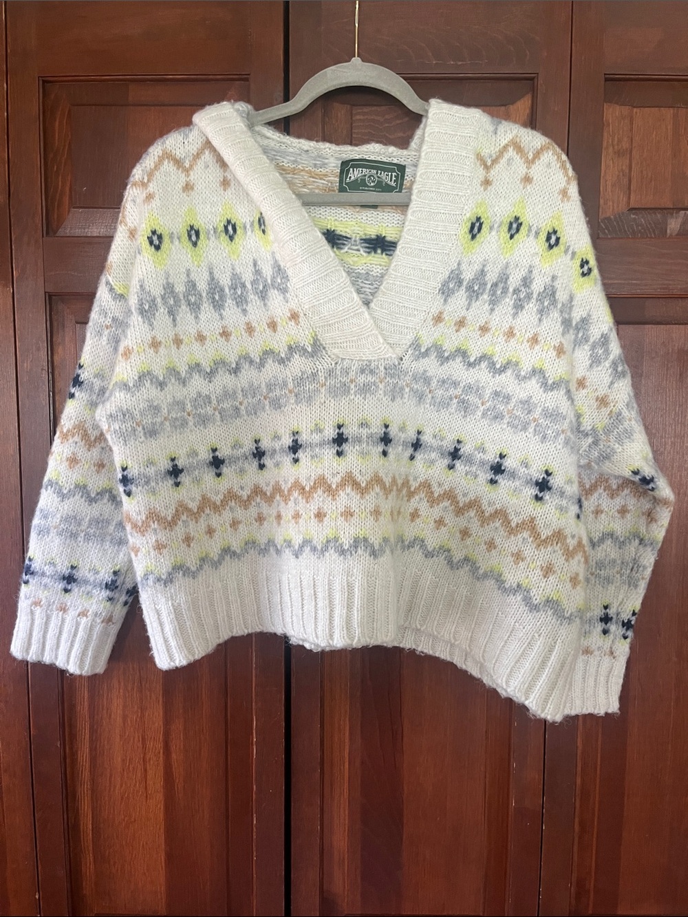 American Eagle Outfitters Cream Fair Isle V-Neck Sweater with hood